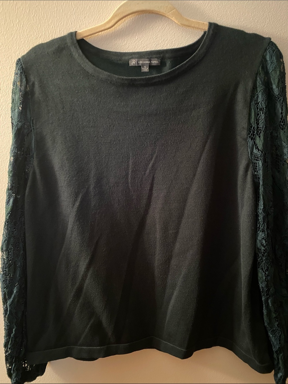 Adrianna Papell Dark Green Lace-Sleeve Long Sleeve Top